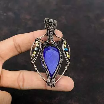 Подвеска с граненым синим сапфиром, обернутая медной проволокой, титановые бусины, медная подвеска, ювелирное изделие ручной работы, подарок для нее, подвеска из драгоценной проволоки