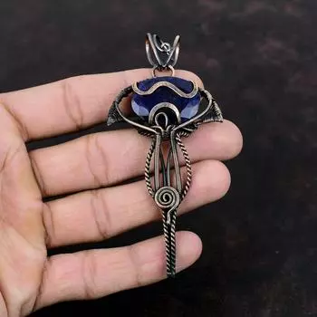 Подвеска с граненым синим сапфиром, подвеска из медной проволоки, подвеска с драгоценным камнем, подарок на особый случай, подвеска ручной работы, очень красивое медное украшение