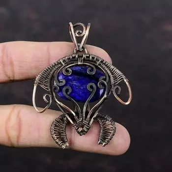 Подвеска с граненым синим сапфиром, подвеска из медной проволоки, ювелирное изделие ручной работы, подвеска из драгоценного камня, изумительная медная бижутерия, подвеска в виде черепахи для подарка