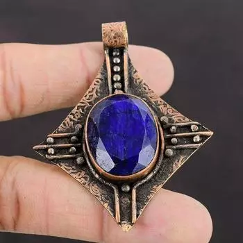 Подвеска с граненым синим сапфиром, подвеска из меди, подвеска ручной работы, этнические украшения, подвеска из драгоценных камней, подвеска из меди, дизайнерская подвеска, подарки для него