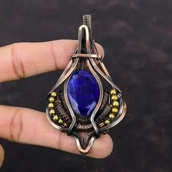 Подвеска с граненым синим сапфиром, подвеска из медной проволоки, ювелирное изделие из драгоценных камней высшего качества, подвеска ручной работы из медной проволоки, подарок на годовщину