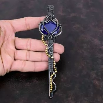 Подвеска с граненым синим сапфиром, подвеска из медной проволоки, подвеска из драгоценного камня ручной работы, подвеска из проволоки, подвеска-ключ, медные украшения для подарка