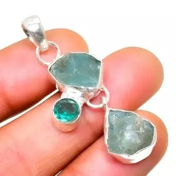 Подвеска с грубым синим топазом и аквамарином, посеребренная 925 проба, 1,51 дюйма 1.51 цвет морской волны
