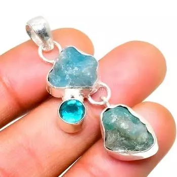 Подвеска с грубым синим топазом и аквамарином, посеребренная 925 проба, 1,70 дюйма 1.70 цвет морской волны
