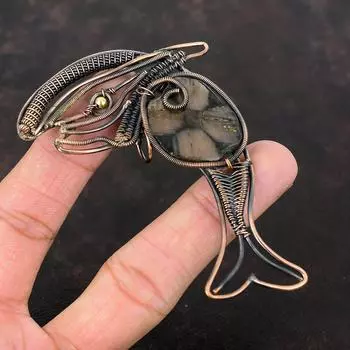 Подвеска с хиастолитом, медная проволока, кулон с рыбным дизайном, кулон из меди, ручная работа, медные украшения, кулон с драгоценным камнем, проволочная обмотка, ювелирные изделия для подарка