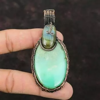 Подвеска с хризопразом, медная проволока, кулон, ювелирное изделие из лабрадорита, подарок для нее, кулон ручной работы, драгоценный камень, медные украшения, кулон из проволочной обмотки