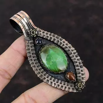 Подвеска с хризопразом Медная проволока Подвеска из драгоценного камня Подвеска из красного дерева Подвеска из обсидиана Синий солнечный камень Подвеска Дизайнерские украшения Подвески ручной работы