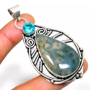 Подвеска с индийским моховым агатом, голубым топазом, серебром 925 пробы, 2,65 дюйма 2.65 зелёный