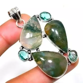 Подвеска с индийским моховым агатом, голубым топазом, посеребренная проба 925, 2,08 дюйма 2.08 зелёный