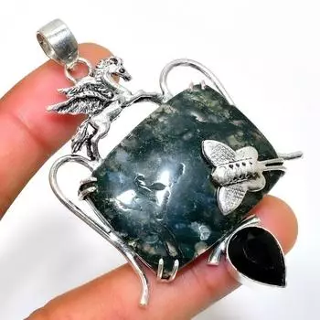 Подвеска с индийским моховым агатом и черной шпинелью 925 пробы, посеребренная, 2,72 дюйма 2.72 зелёный