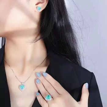 Подвеска с инкрустацией из драгоценных камней Blue Love, имитация Параиба, ожерелье, кольцо, серьги-гвоздики, комплект из трех предметов