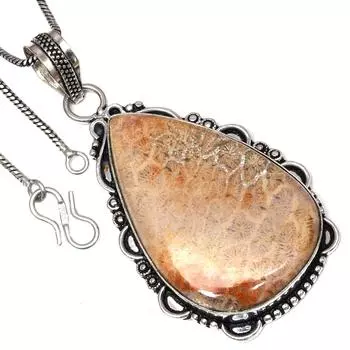 Подвеска с ископаемым коралловым драгоценным камнем, подарок на день святого Валентина, серебряное ювелирное изделие 2,5 дюйма