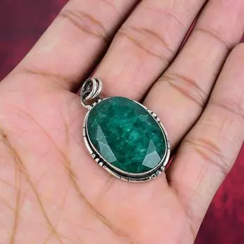 Подвеска с изумрудом, 925 пробы серебряная подвеска с драгоценными камнями, подвеска ручной работы, изумительное украшение, подарок для нее 1.73 Inches зелёный
