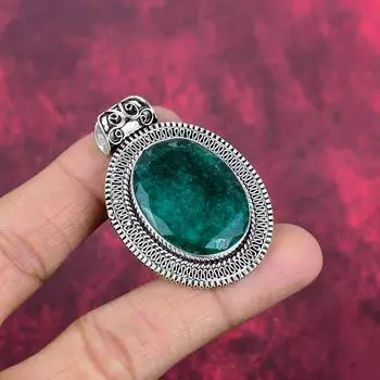 Подвеска с изумрудом, 925 пробы серебряная подвеска с драгоценными камнями, подвеска ручной работы, изумительное украшение, подарок для нее 2.07 Inches зелёный