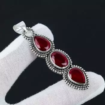 Подвеска с красным рубином, серебро 925 пробы, подвеска с тремя красными драгоценными камнями, драгоценный камень с красным рубином, подарки ручной работы, украшения ручной работы для подарков для нее 2.55 красный