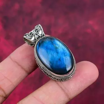 Подвеска с лабрадоритом, ювелирные изделия из стерлингового серебра 925 пробы с драгоценными камнями, подвеска ручной работы, потрясающие ювелирные изделия, подарок для нее 1.65 Inches синий