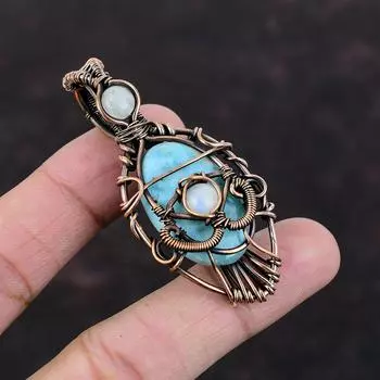 Подвеска с ларимаром от сглаза, медная проволока, ювелирное изделие, драгоценный камень, подвеска ручной работы, радужный лунный камень, подарочная подвеска, медная проволока, обернутая в рулон