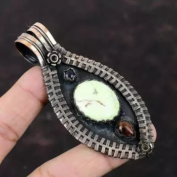 Подвеска с лимонным хризопразом, медная проволока, подвеска из красного дерева, обсидиан и синий солнечный камень, подвеска из драгоценного камня ручной работы, ювелирное изделие, подарок для мамы