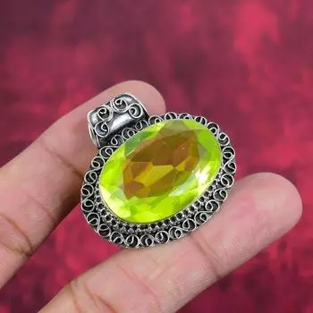 Подвеска с лимонным топазом, серебряная подвеска 925 пробы, подвеска ручной работы с драгоценными камнями на День благодарения 1.50 Inches зелёный
