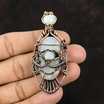 Подвеска с лунным камнем от сглаза, медная проволочная обертка, медная бижутерия с лунным камнем, подвеска ручной работы, ювелирные изделия от сглаза, медная дизайнерская подвеска