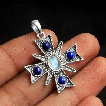Подвеска с мальтийским крестом ручной работы из лунного камня, лазурита, стерлингового серебра 925 пробы, очаровательные ювелирные изделия белый