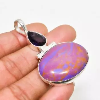 Подвеска с медно-фиолетовой бирюзой и аметистом 925 пробы, посеребренная, 2,46 дюйма 2.46 розовый