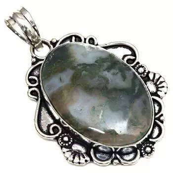 Подвеска с моховым агатом, драгоценный камень, подарок для нее, серебряное украшение 2,25 дюйма