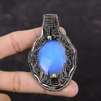 Подвеска с молочным опалом, кулон из медной проволоки, кулон ручной работы, медные украшения, удивительный кулон, обернутый проволокой, ювелирные изделия из драгоценных камней, подарок для мамы