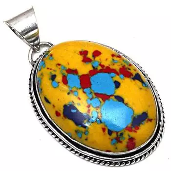 Подвеска с мозаикой из яшмы, драгоценный камень, подарок ручной работы для нее, серебряные украшения 1,75 дюйма