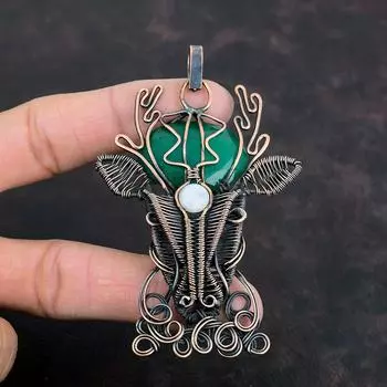 Подвеска с ограненным замбийским изумрудом, подвеска с медной проволокой, подвеска с лунным камнем, ювелирные изделия из драгоценных камней, подвеска ручной работы в виде оленьей морды, подарки на годовщину