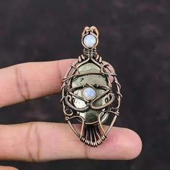 Подвеска с пиритом от сглаза Медная проволока Кулон Радуга Ювелирные изделия из лунного камня Подвеска из драгоценного камня ручной работы Подарок для мамы Медные дизайнерские украшения