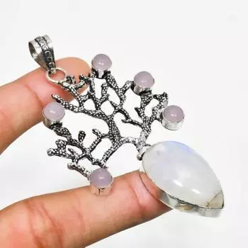 Подвеска с радужным лунным камнем и розовым халцедоном 925 пробы, посеребренная, 3,21 дюйма 3.21 белый