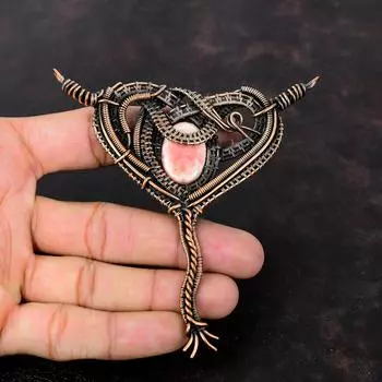 Подвеска с родохрозитом, кулон в медной проволоке, кулон из настоящего драгоценного камня, медные украшения ручной работы, свадебный подарок, проволочная обмотка, ювелирные изделия из родохрозита