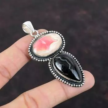 Подвеска с родохрозитом Подвеска из псиломелана Подвеска из стерлингового серебра 925 пробы Ювелирные изделия ручной работы Подвеска из натурального драгоценного камня Винтажные ювелирные изделия Подарок для него