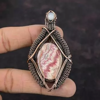 Подвеска с родохрозитом Радуга Подвеска из лунного камня Медная проволока Обернутая подвеска с драгоценным камнем Медные украшения Подарок для нее Ювелирные изделия ручной работы из проволочной обмотки