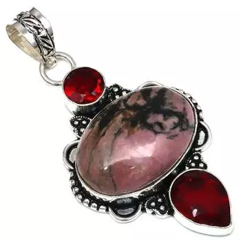 Подвеска с родонитом, драгоценный камень, подарок для нее, серебряное украшение 2,5 дюйма