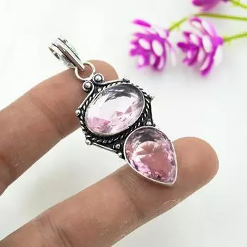 Подвеска с розовым кунцитом, драгоценный камень, кулон из стерлингового серебра 925 пробы, ювелирное изделие ручной работы, кулон с камнем по дате рождения, подарок для него 2.16 Inches розовый