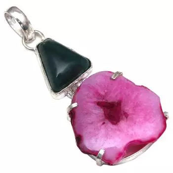 Подвеска с розовым солнечным друзовым драгоценным камнем, подарок на День матери, серебряные украшения 2,25 дюйма