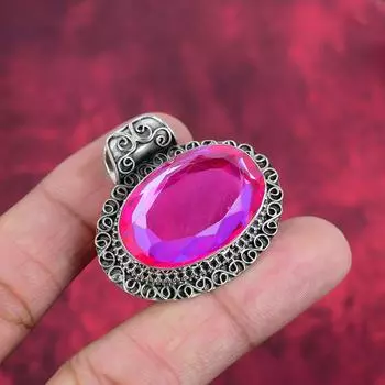 Подвеска с розовым топазом, ювелирные изделия из стерлингового серебра 925 пробы, подвеска ручной работы, на День Благодарения 1.50 Inches розовый