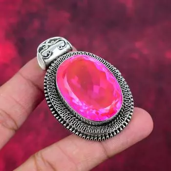 Подвеска с розовым топазом, ювелирные изделия из стерлингового серебра 925 пробы, подвеска ручной работы, на День Благодарения 2.36 Inches розовый