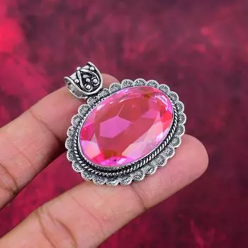 Подвеска с розовым топазом, ювелирные изделия из стерлингового серебра 925 пробы, подвеска ручной работы, на День Благодарения 1.77 Inches розовый