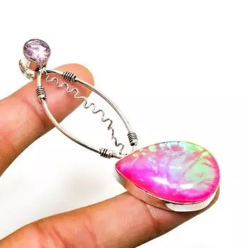 Подвеска с розовым тройным опалом и розовым кунцитом 925 пробы, посеребренная, 2,84 дюйма 2.84 розовый
