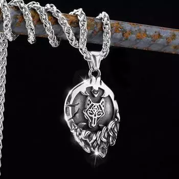Подвеска с рунами в форме скандинавской мифологии и викингов из нержавеющей стали с головой волка и ожерельем длиной 60 см серебряный