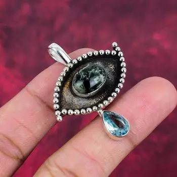 Подвеска с серафинитом, голубым топазом, ювелирные изделия из цельного серебра 925 пробы с драгоценными камнями, подвеска ручной работы, на День благодарения 1.96 Inches зелёный