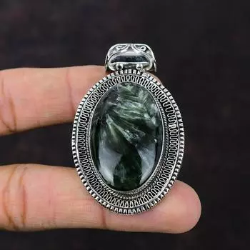 Подвеска с серафинитом. Подвеска из драгоценного камня высшего качества. Подвеска из стерлингового серебра 925 пробы. Замечательная винтажная подвеска. Изысканные ювелирные изделия ручной работы. Подарок для жены.