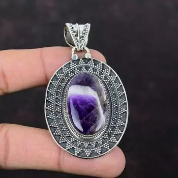 Подвеска с шевроном и аметистом, подвеска из стерлингового серебра 925 пробы, чудесная подвеска из драгоценного камня, уникальный стиль, ювелирный подарок для мамы, винтажная подвеска ручной работы