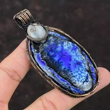 Подвеска с синим дендритовым опалом, медная проволока, подвеска с лунным камнем, подарок для нее, медные украшения ручной работы, обмотка проволоки, ювелирные изделия с драгоценными камнями