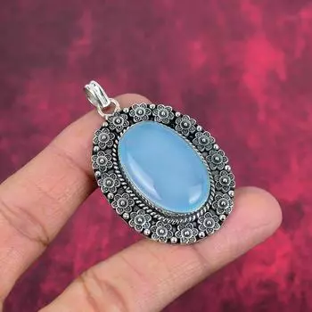 Подвеска с синим халцедоном, ювелирные изделия ручной работы, 925 пробы, серебряный кулон, ювелирное украшение, подарок для любимого человека 2.16 Inches синий