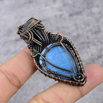 Подвеска с синим опалом Owyhee, медная проволока, подвеска с драгоценным камнем, медная подвеска ручной работы, подарок для нее, подвески с синим опалом Owyhee для ожерелья синий