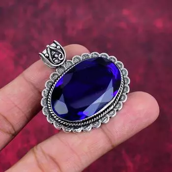 Подвеска с синим сапфиром, подвеска из драгоценного камня ручной работы, подвеска из стерлингового серебра 925 пробы, антикварные ювелирные изделия, для подарка на помолвку 1.77 Inches синий